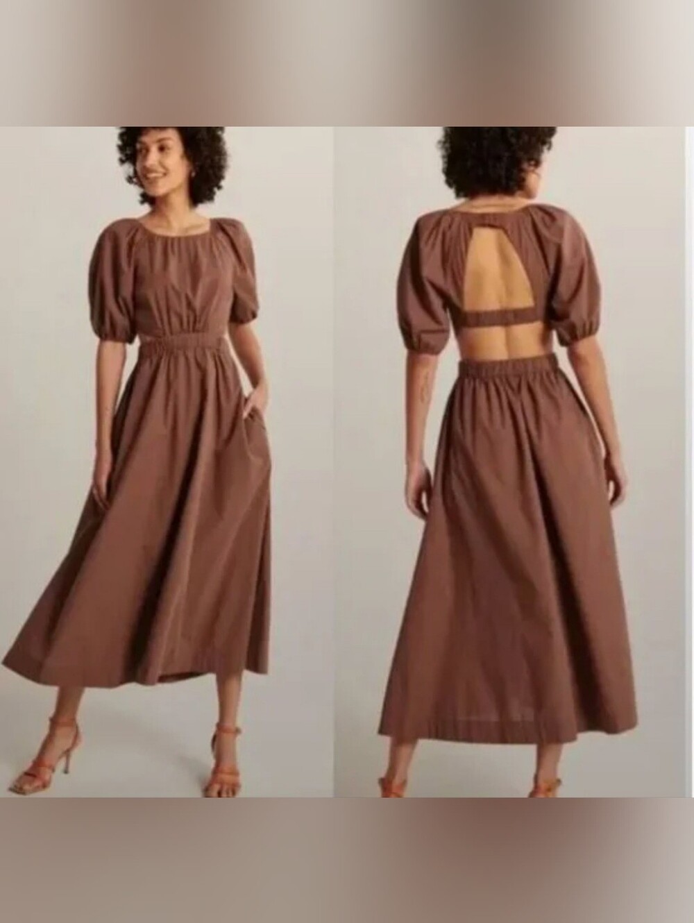 Abercrombie & Fitch Brown Puff-Sleeve Open-Back Midi Dress